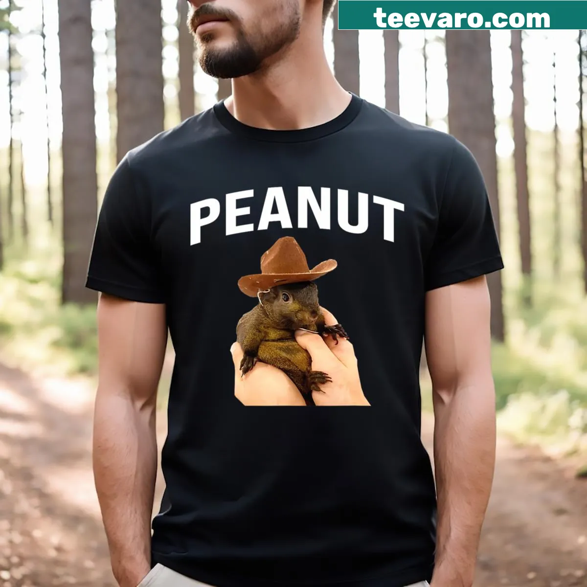 Playful illustration of Peanut the Squirrel on a t-shirt — on a men's t-shirt