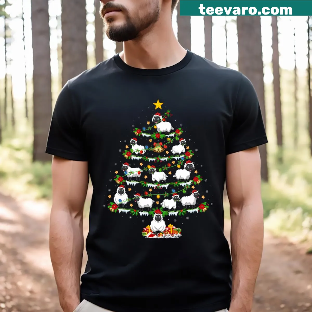 Cute Christmas T-shirt with a Santa sheep and lights — on a men's t-shirt