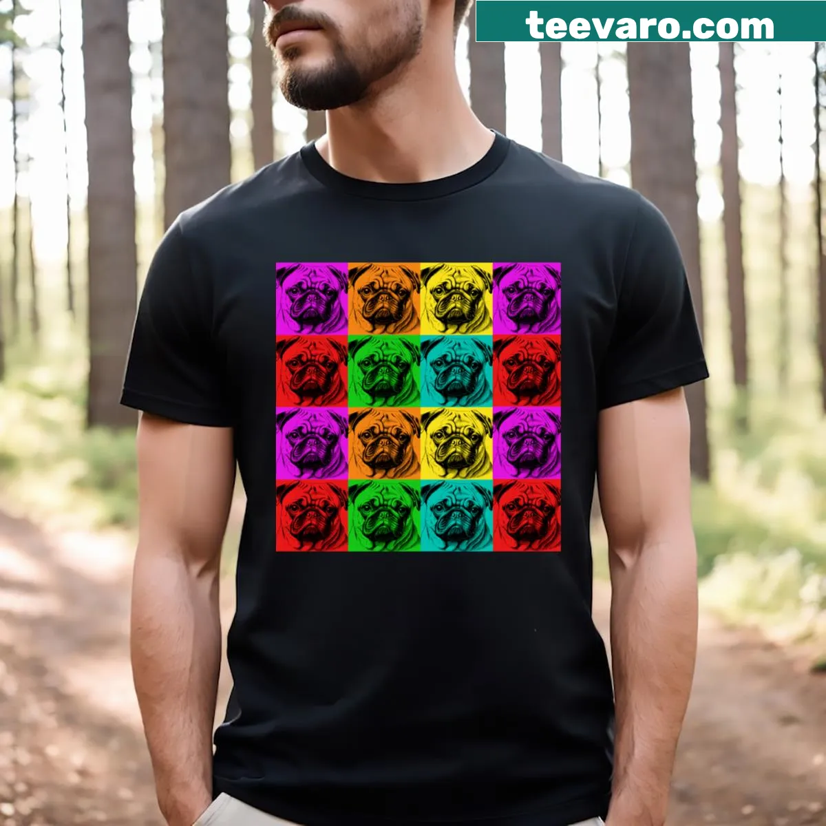 Collection of pug portraits illustrated on T-shirt. — on a men's t-shirt