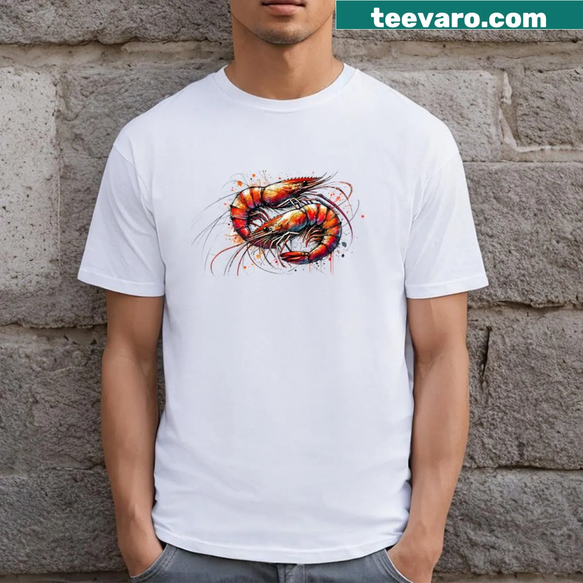 Funny T-shirt that simply says 'Prawns' in bold letters. — on a men's t-shirt