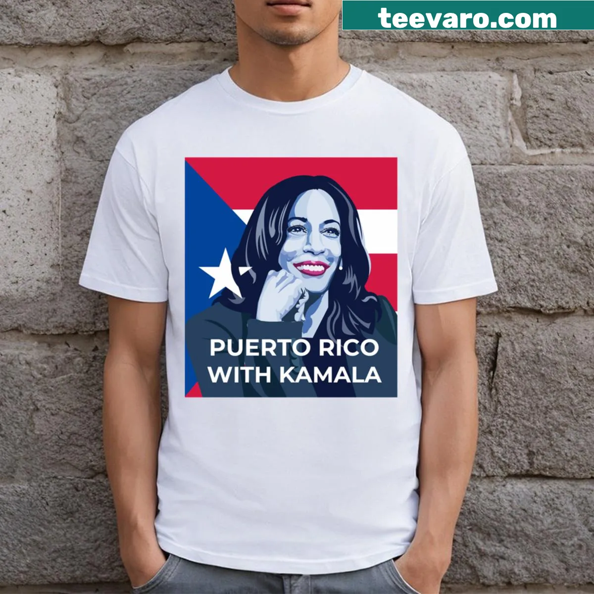 T-shirt featuring Puerto Rico's flag and Kamala Harris — on a men's t-shirt