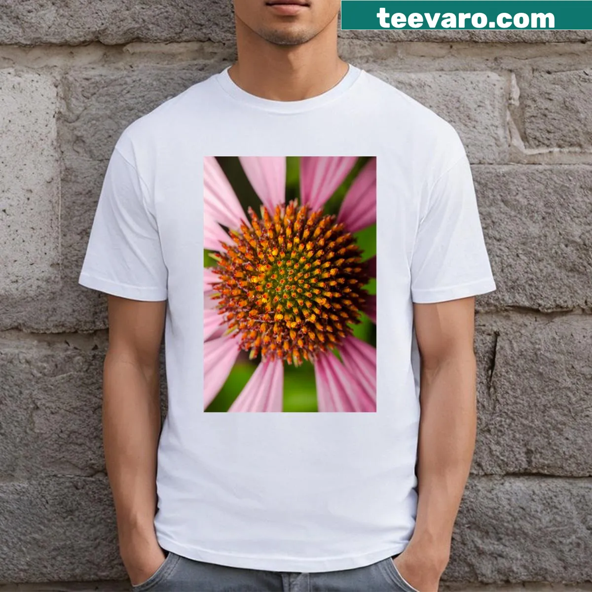 Illustrated T-shirt featuring a purple coneflower design — on a men's t-shirt