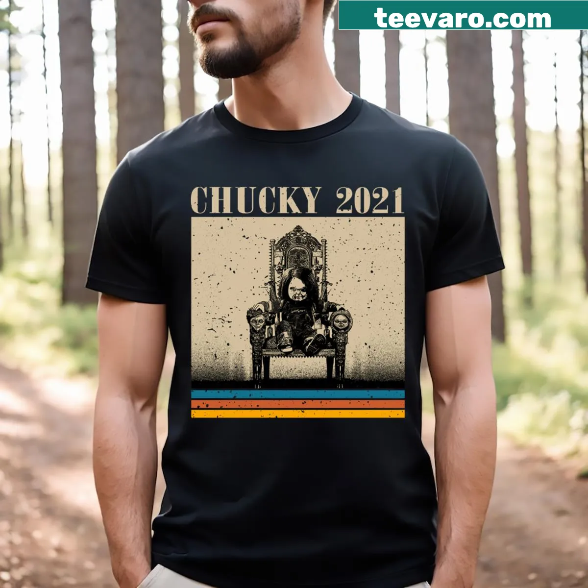 Retro T-shirt featuring Chucky from the horror series — on a men's t-shirt