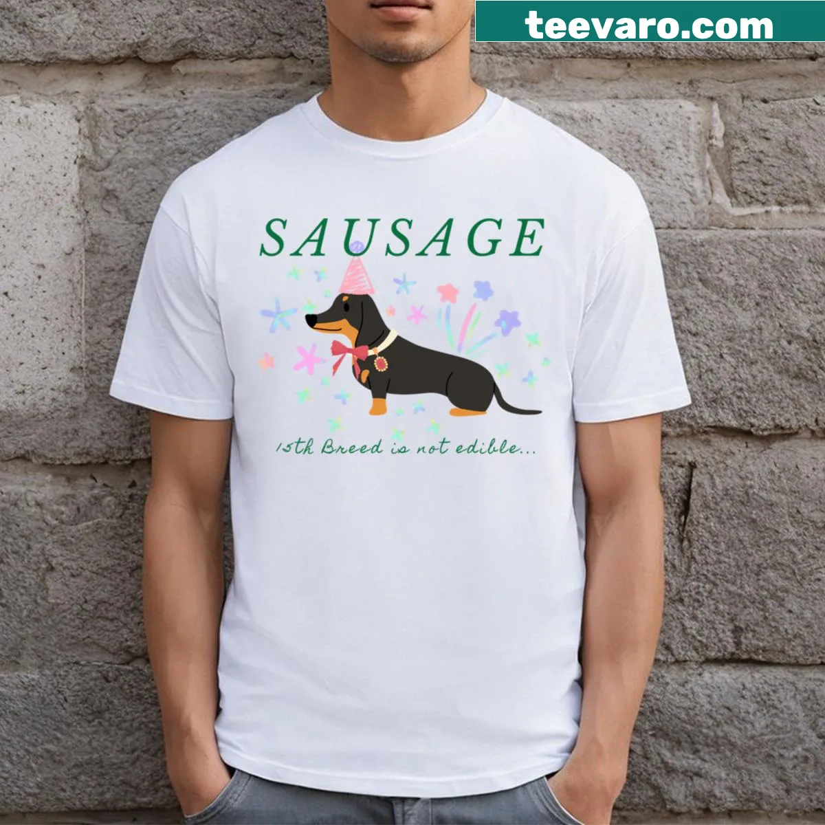 T-shirt celebrating sausage love with humorous text — on a men's t-shirt