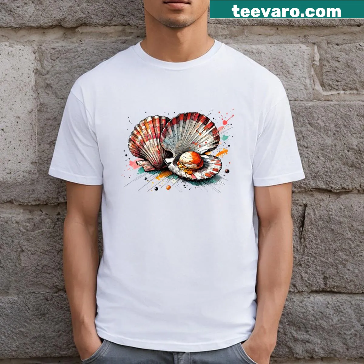 Humorous scallops-themed T-shirt with playful text — on a men's t-shirt