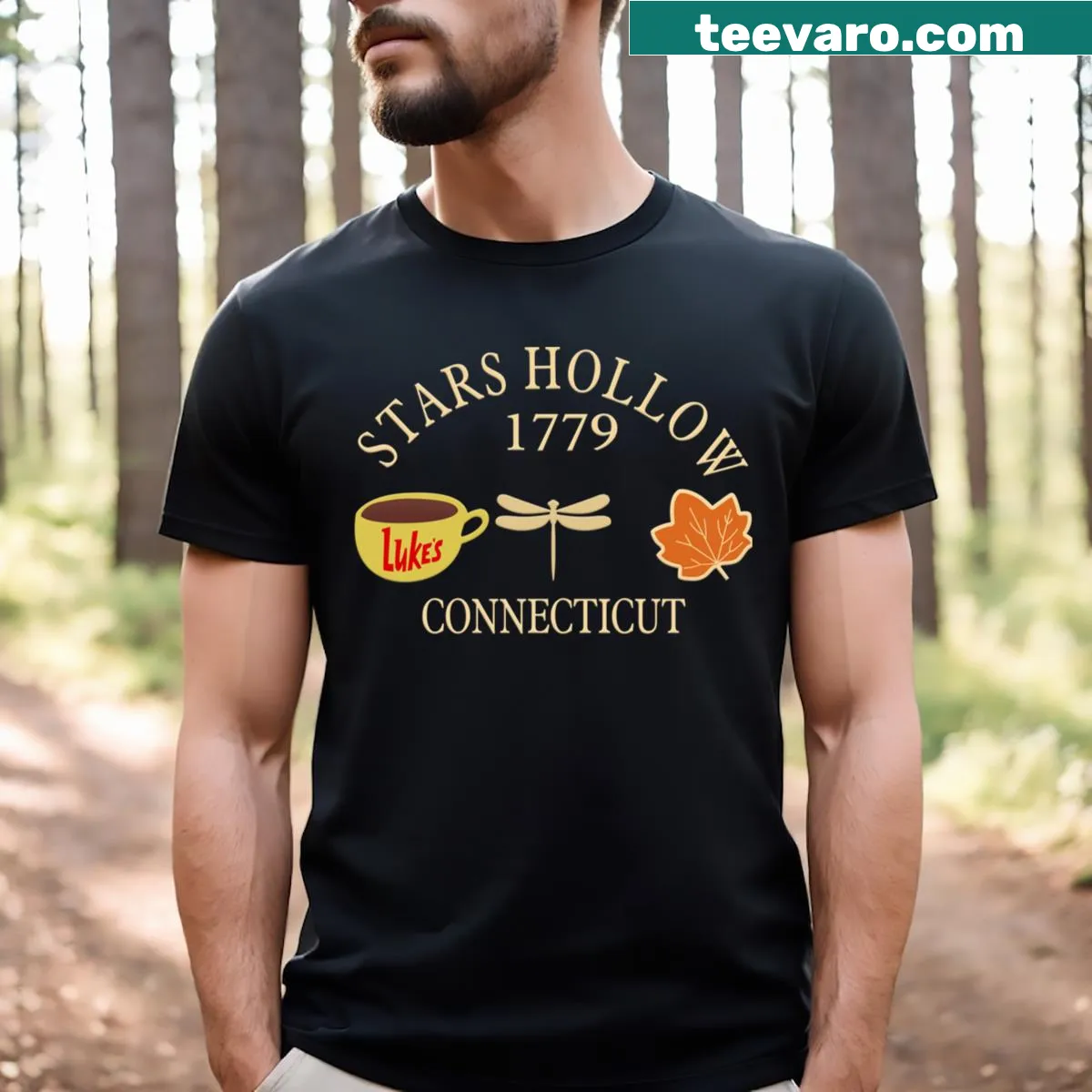 Vintage-style graphic of Stars Hollow, CT on t-shirt — on a men's t-shirt