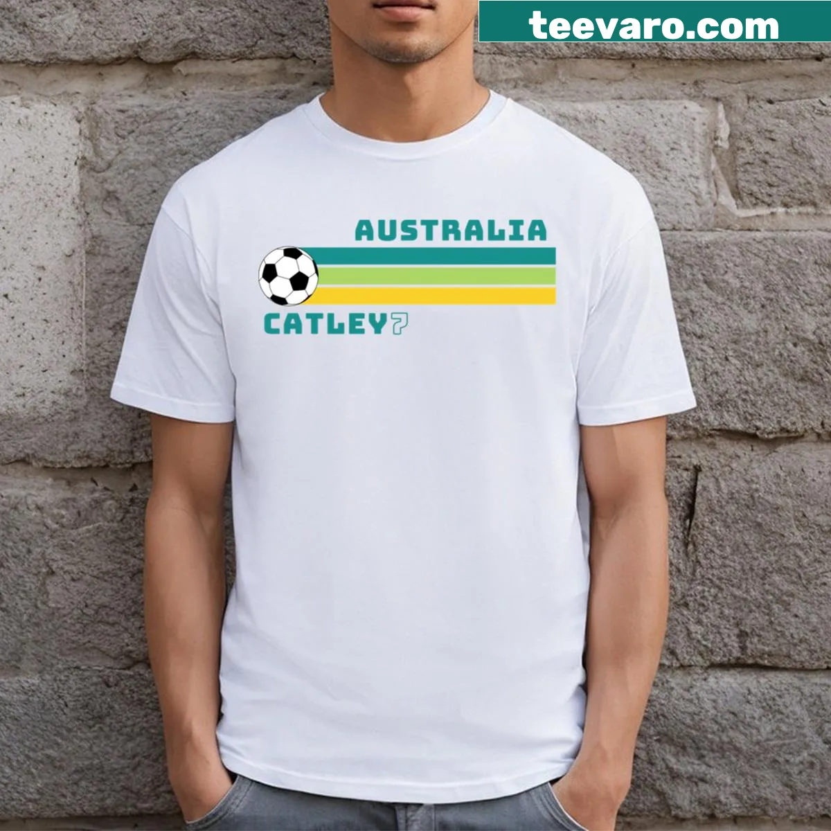 Graphic of Steph Catley and Matildas on t-shirt — on a men's t-shirt