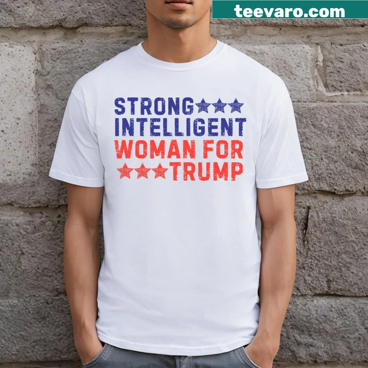Patriotic T-shirt promoting strength and intelligence for women — on a men's t-shirt