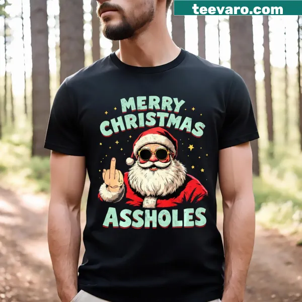 Funny Christmas T-shirt featuring Santa with sunglasses and humorous text