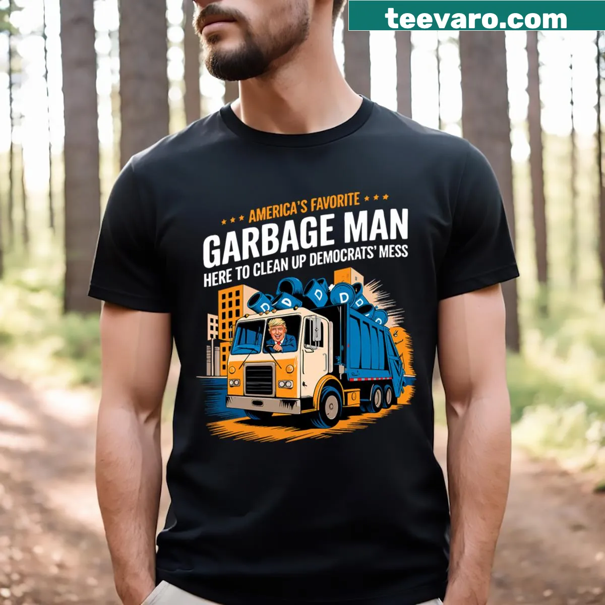 Humorous T-shirt featuring Trump in a trash truck illustration. — on a men's t-shirt
