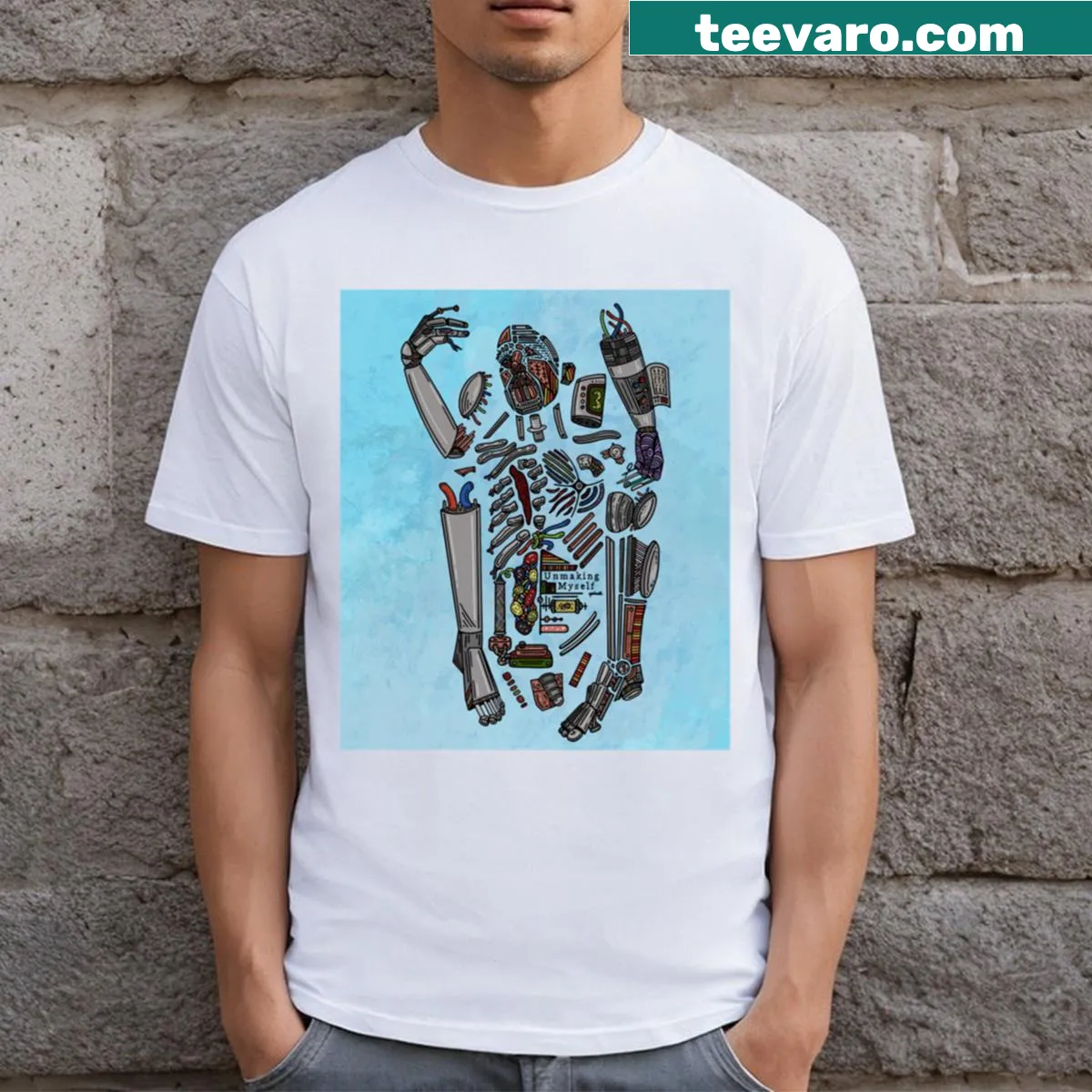 Minimalist T-shirt with the phrase 'Unmaking Myself' — on a men's t-shirt