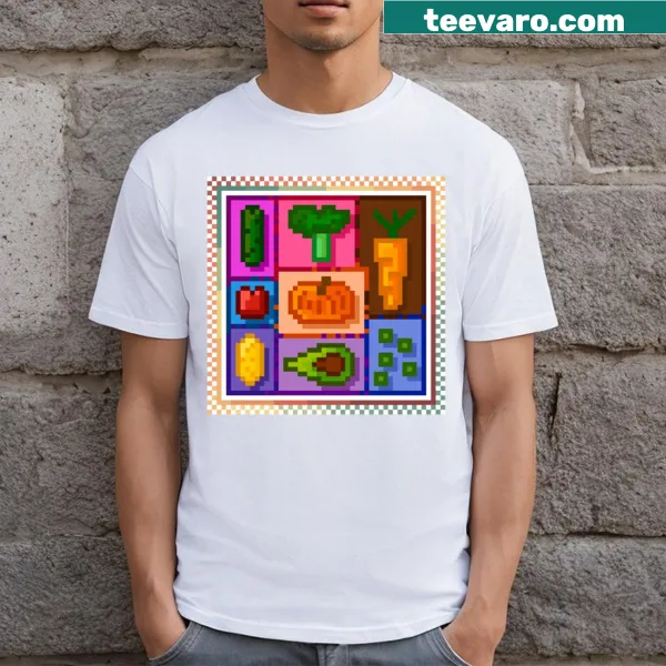 T-shirt featuring playful veggie stamps and cartoon-style vegetables