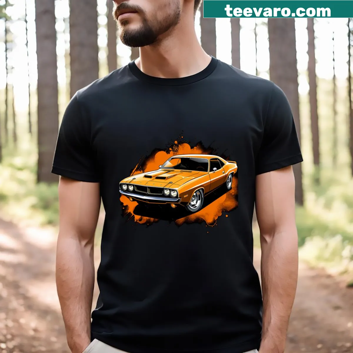 Vintage-style T-shirt featuring an illustration of the Orange Challenger muscle car — on a men's t-shirt