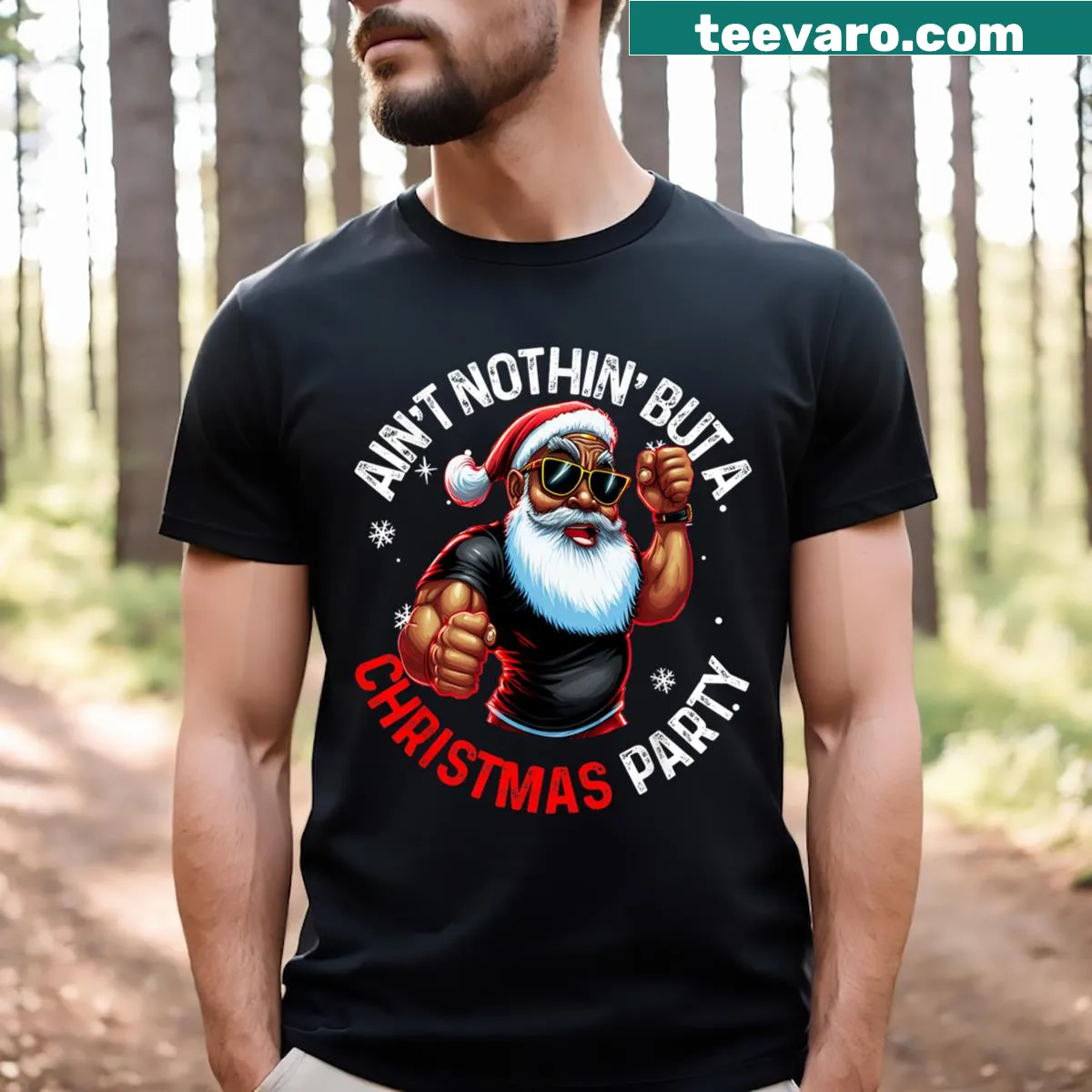 Illustration of an African American Santa Claus on a Christmas-themed t-shirt. — on a men's t-shirt