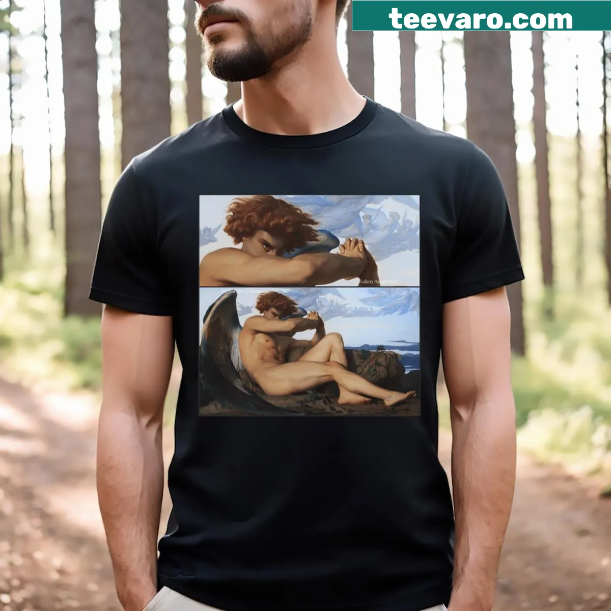 T-shirt featuring artwork inspired by Cabanel's Fallen Angel — on a men's t-shirt