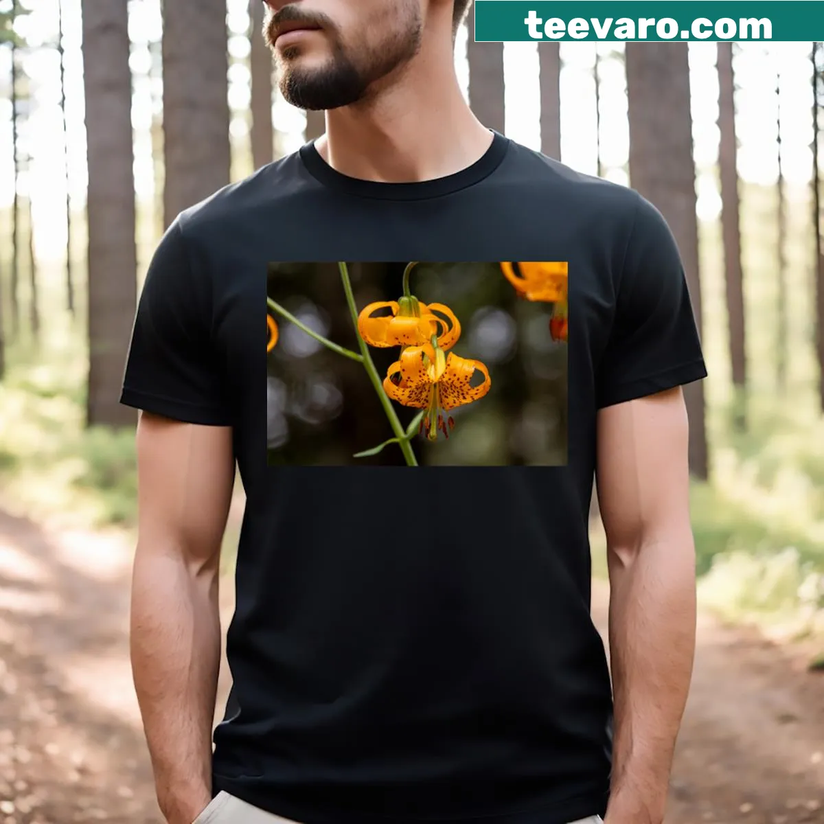 T-shirt featuring beautiful Tiger Lily blossoms design — on a men's t-shirt