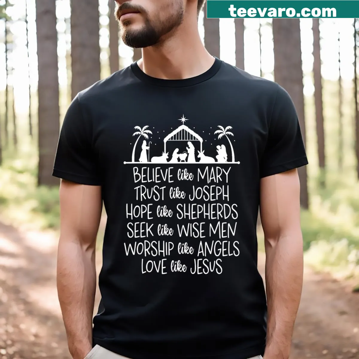 T-shirt conveying faith-based message inspired by Mary and Joseph — on a men's t-shirt