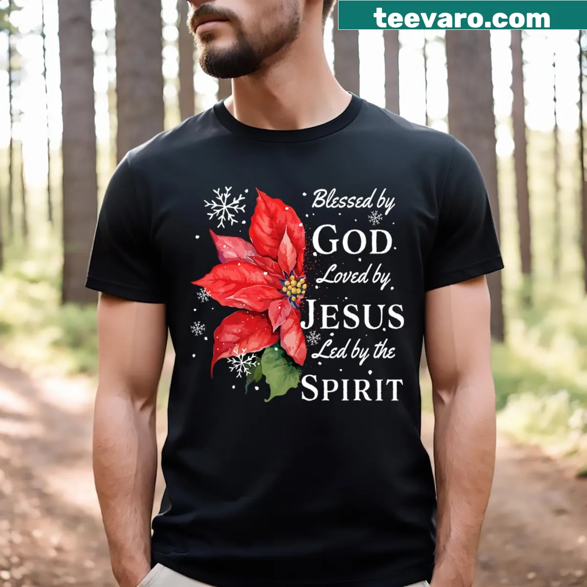 Christmas shirt with poinsettia and 'Blessed By God Loved By Jesus' text — on a men's t-shirt