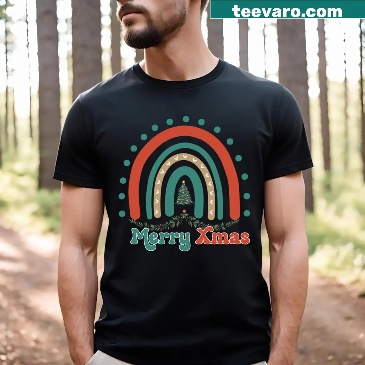 Boho Christmas shirt featuring a girl, Santa, and tree illustrations — on a men's t-shirt