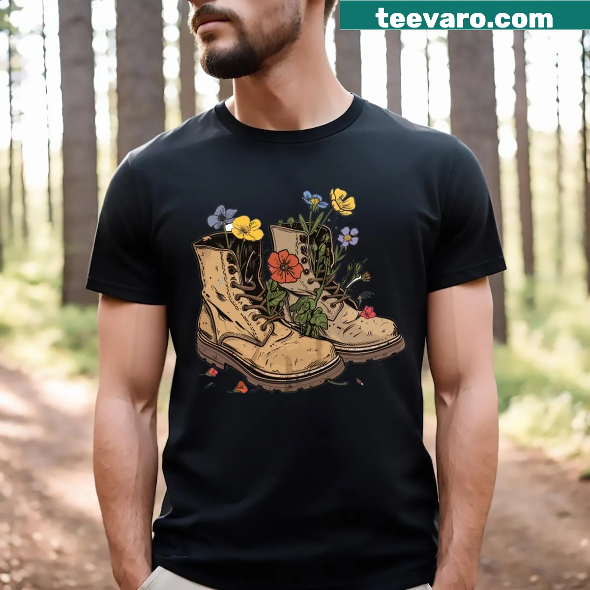 Illustration of hiking boots with flowers on a T-shirt — on a men's t-shirt