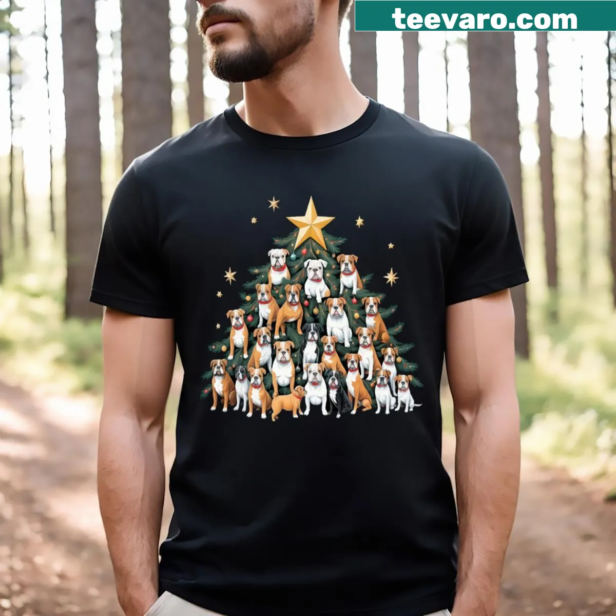 Bulldog with Christmas tree t-shirt — on a men's t-shirt