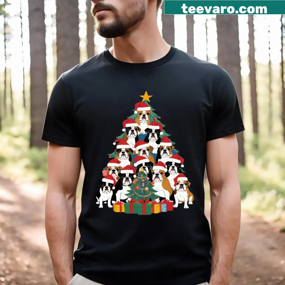 Funny bulldogs with Christmas tree graphic on a holiday T-shirt — on a men's t-shirt
