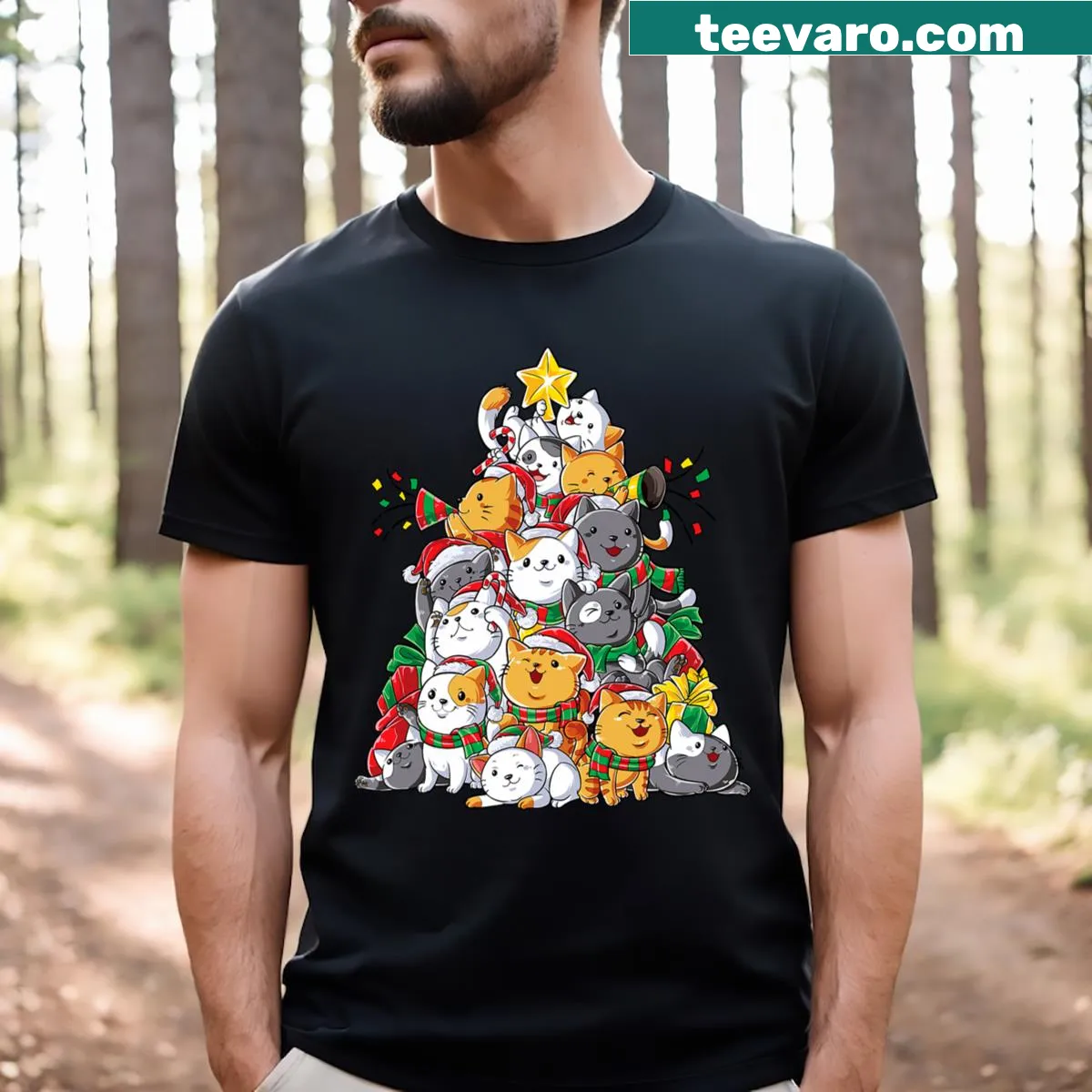 Cute T-shirt featuring a cat with Christmas tree ornaments — on a men's t-shirt