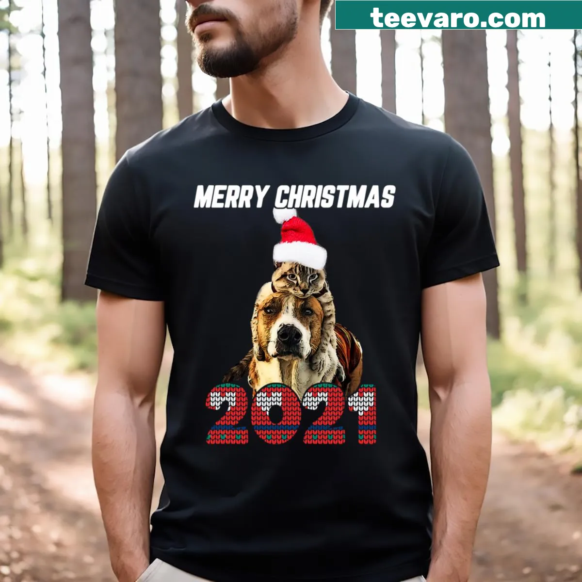 T-shirt featuring cute cartoon cats and dogs together — on a men's t-shirt