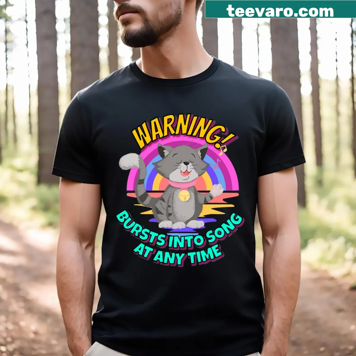 Cute T-shirt featuring a fluffy cat singing joyfully — on a men's t-shirt