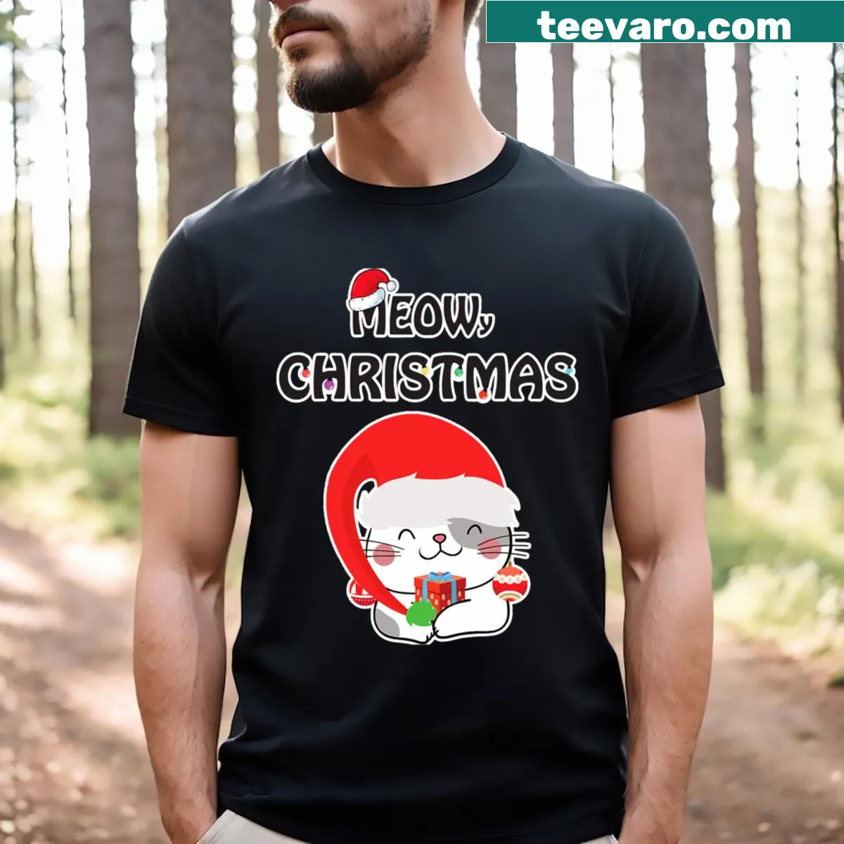 Adorable fluffy cat design for Christmas T-shirt — on a men's t-shirt
