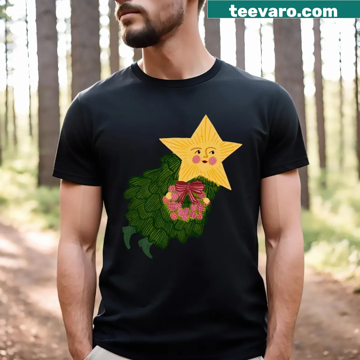 Christmas tree with galaxy pattern and starry night design — on a men's t-shirt