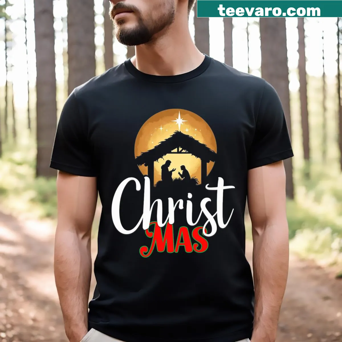 Nativity scene T-shirt illustrating the birth of Jesus — on a men's t-shirt