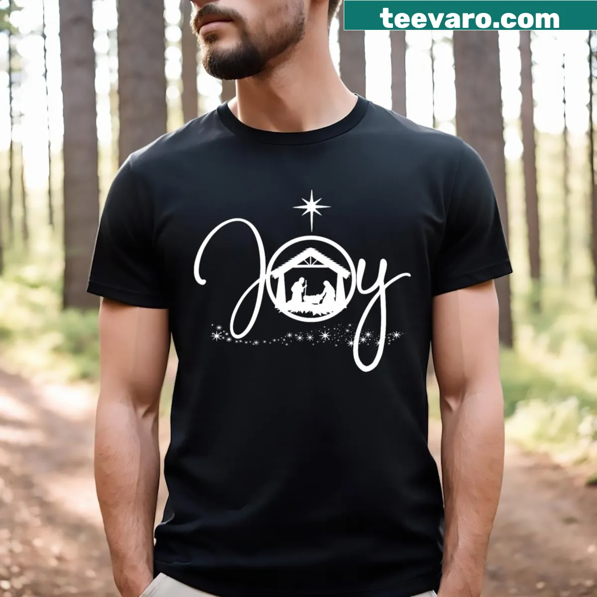 Inspirational t-shirt featuring nativity scene design — on a men's t-shirt