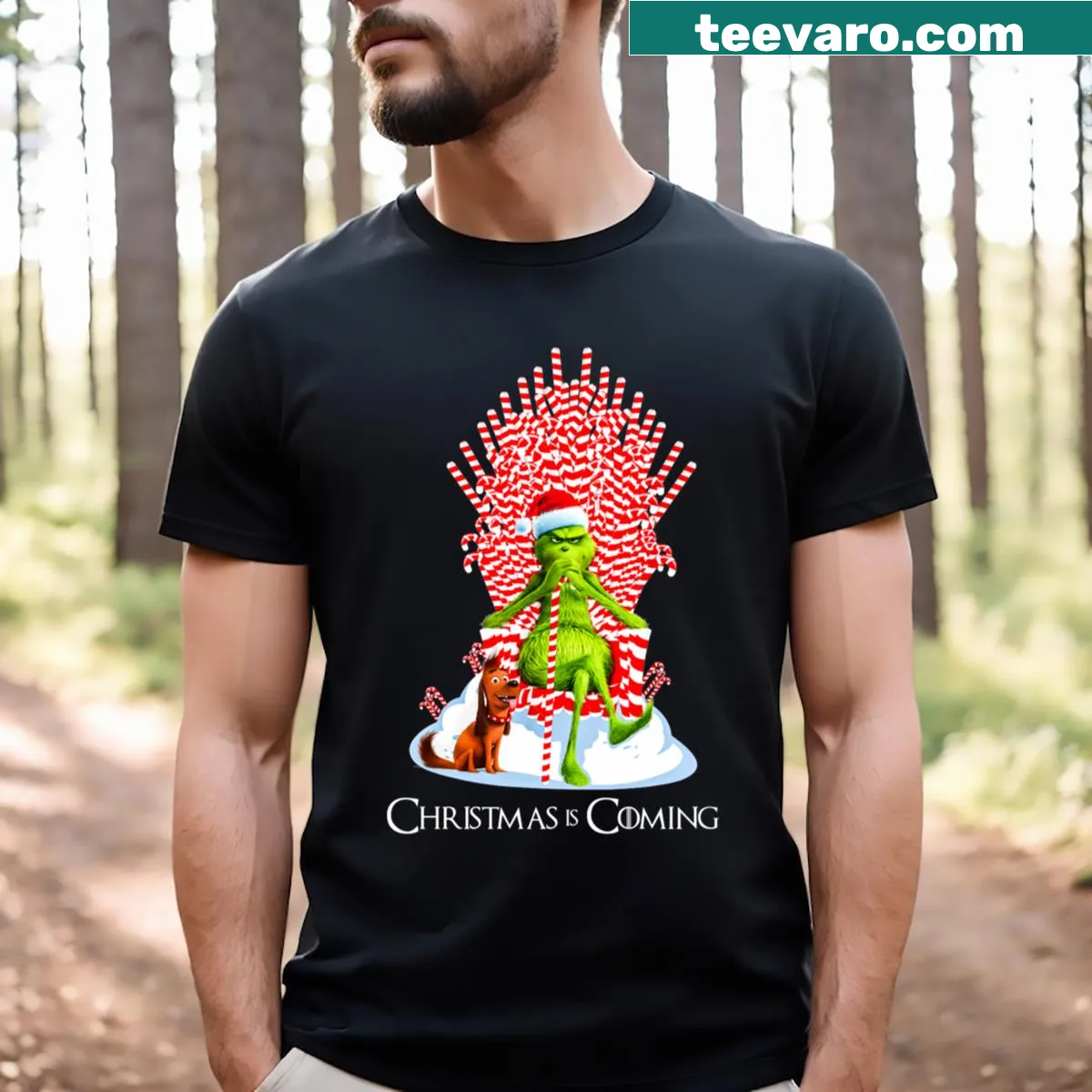 Funny Grinch-themed Christmas t-shirt with candy cane throne illustration — on a men's t-shirt