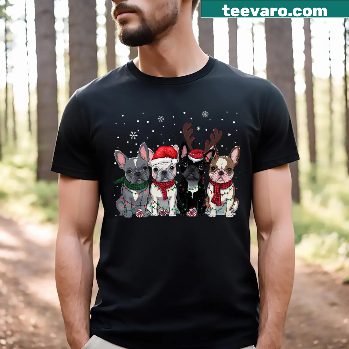 French Bulldog Christmas t-shirt with festive lights illustration — on a men's t-shirt