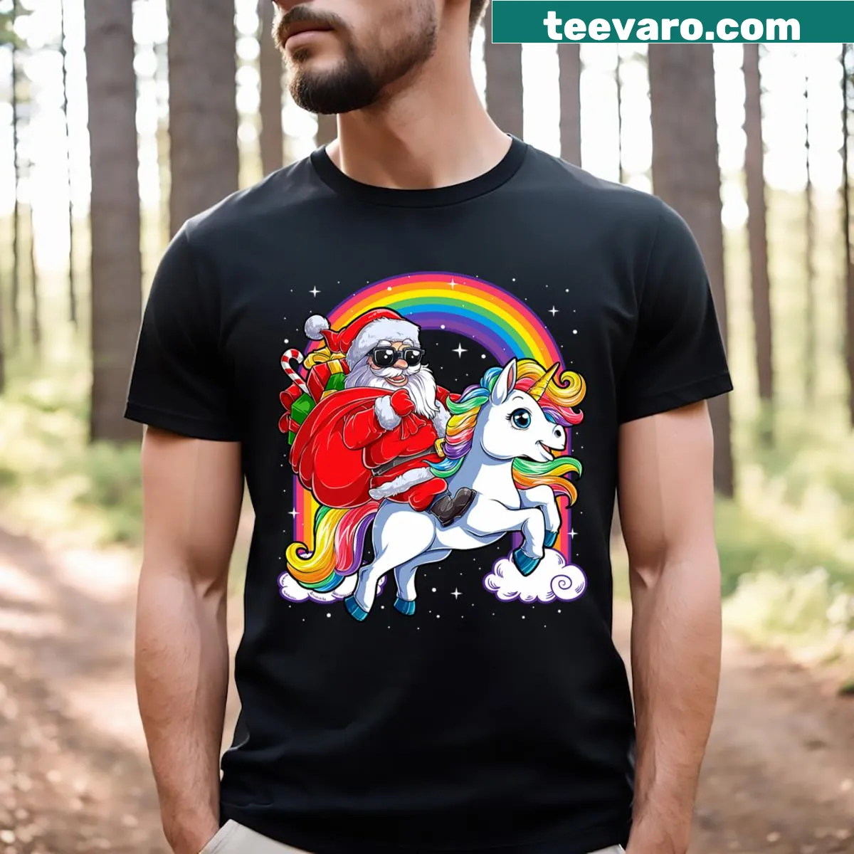 Santa riding a unicorn on a festive Christmas t-shirt for girls. — on a men's t-shirt