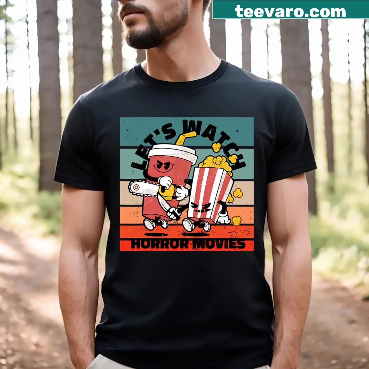 Retro design showcasing horror movies with popcorn and drinks — on a men's t-shirt