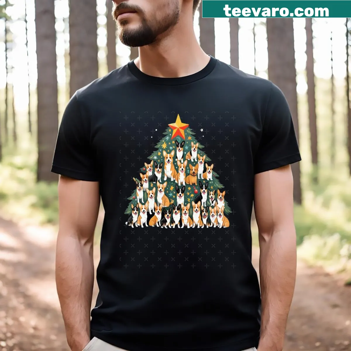Cute illustration of corgis around a decorated Christmas tree — on a men's t-shirt