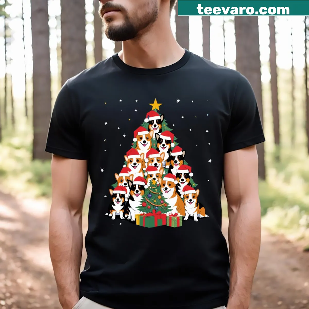Playful corgis around a Christmas tree in a festive design — on a men's t-shirt