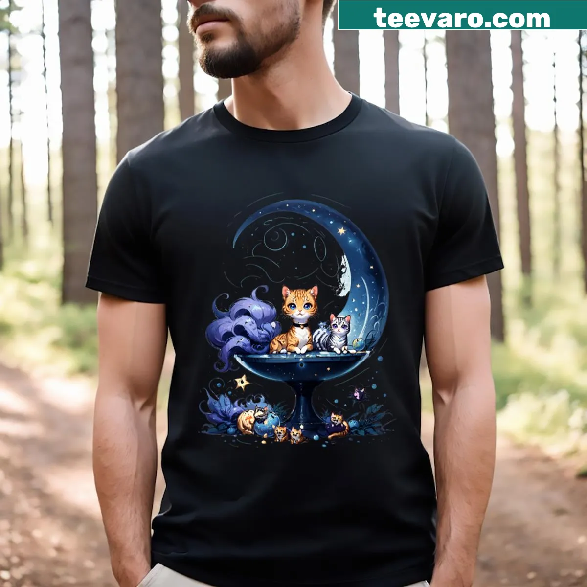 Illustration of a cat sitting on a crescent moon on a t-shirt. — on a men's t-shirt