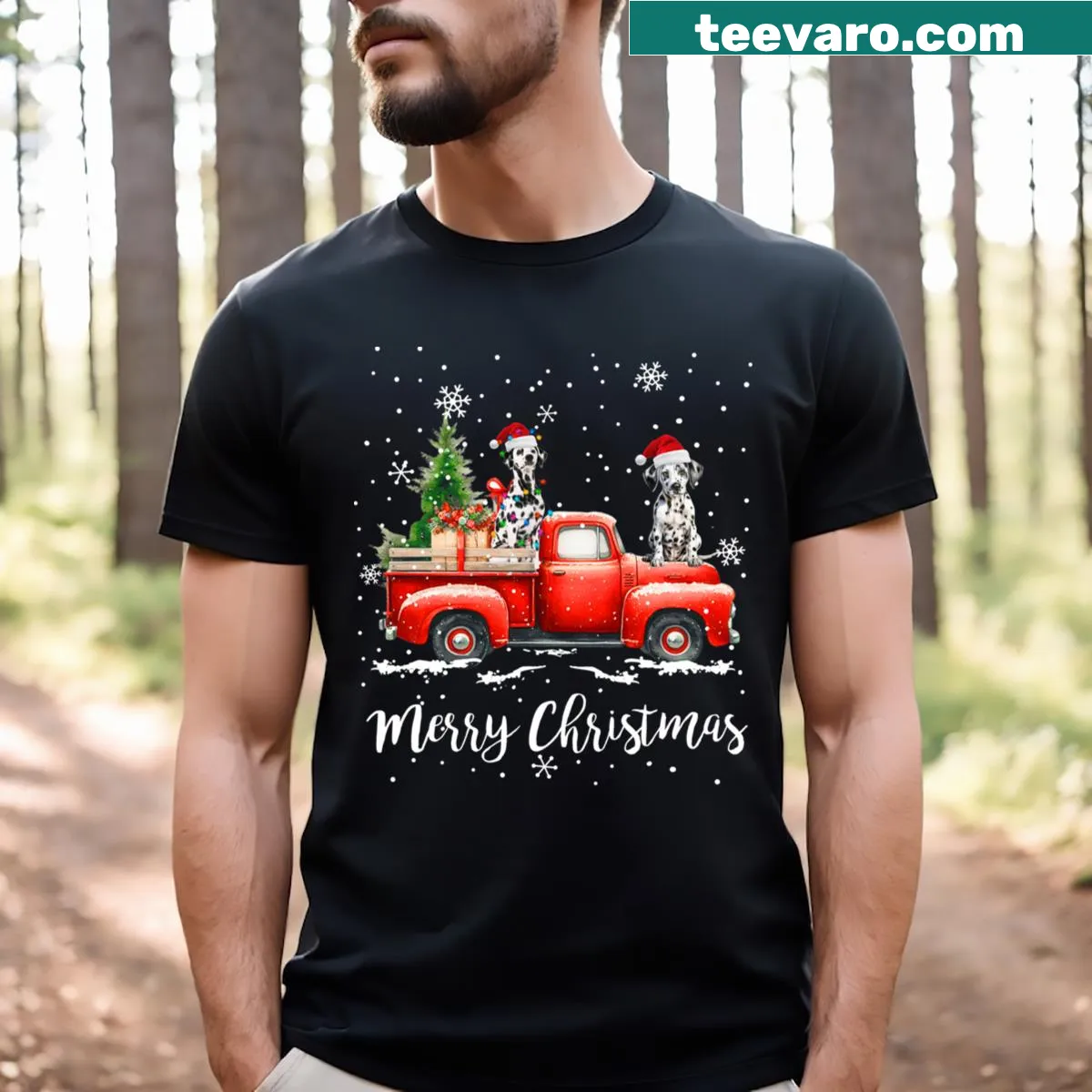 Dalmatian in a red truck with Santa hat for Christmas — on a men's t-shirt