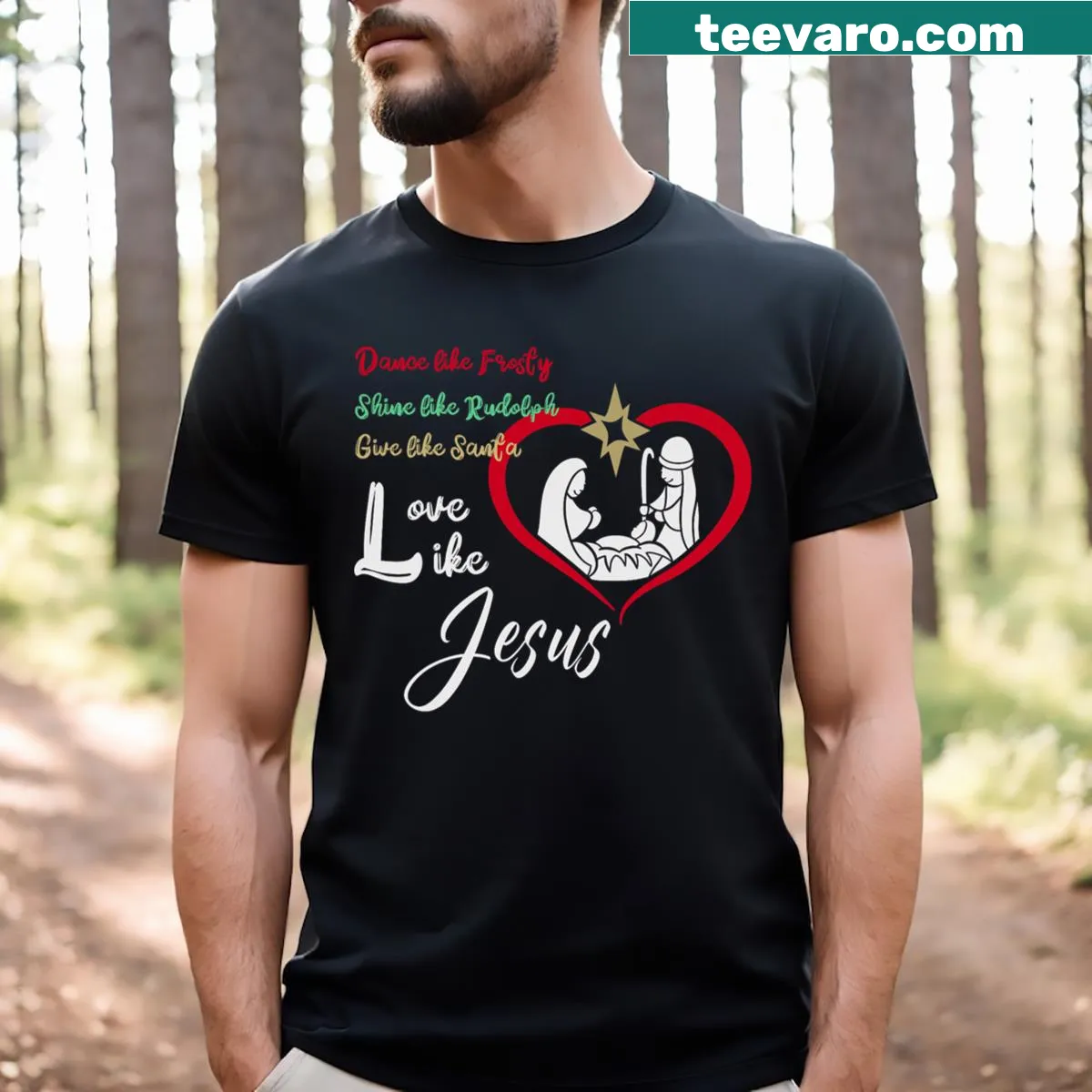 Inspirational Christmas typography combining Frosty, Rudolph, and Jesus — on a men's t-shirt