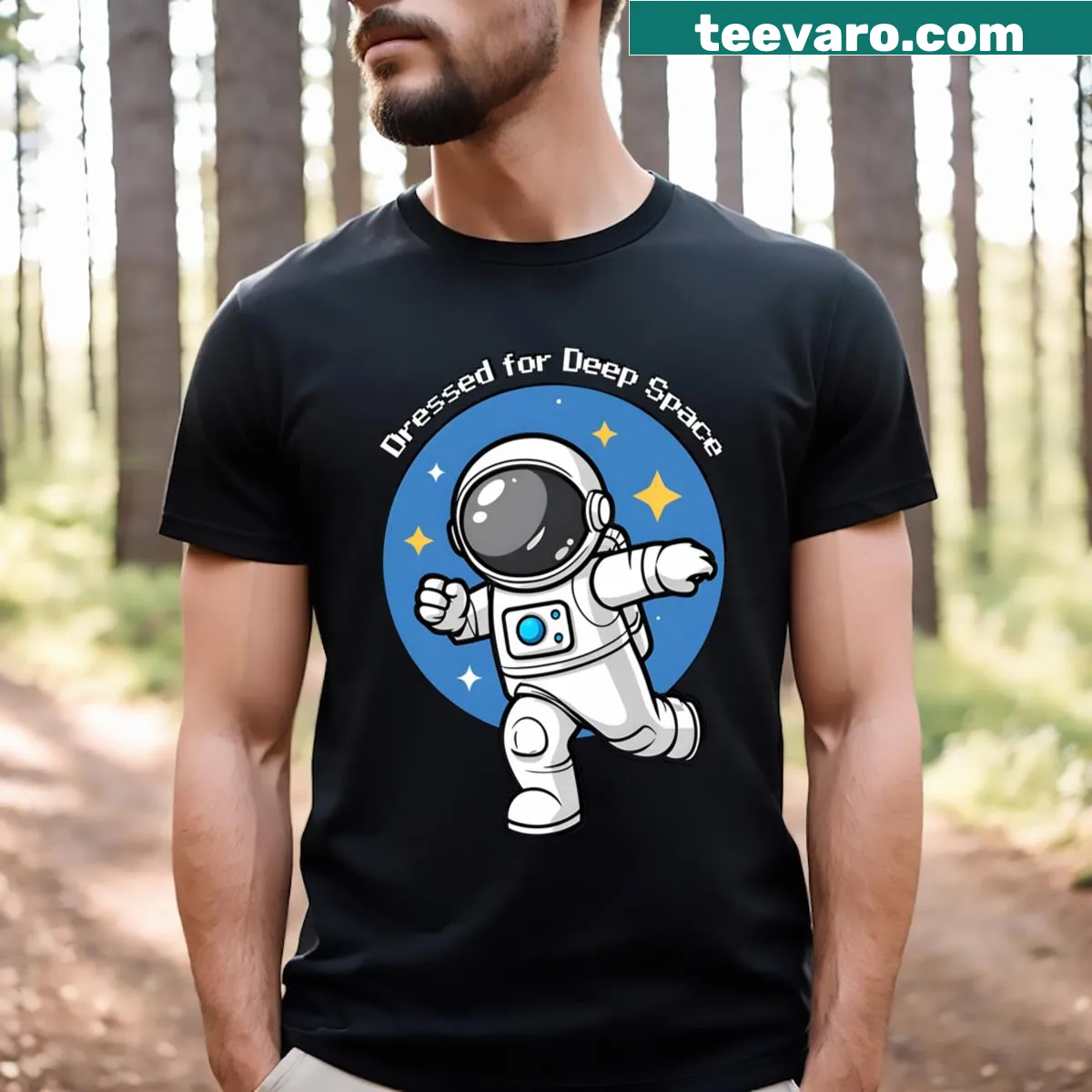 T-shirt with the phrase Dressed For Deep Space in stylish typography — on a men's t-shirt