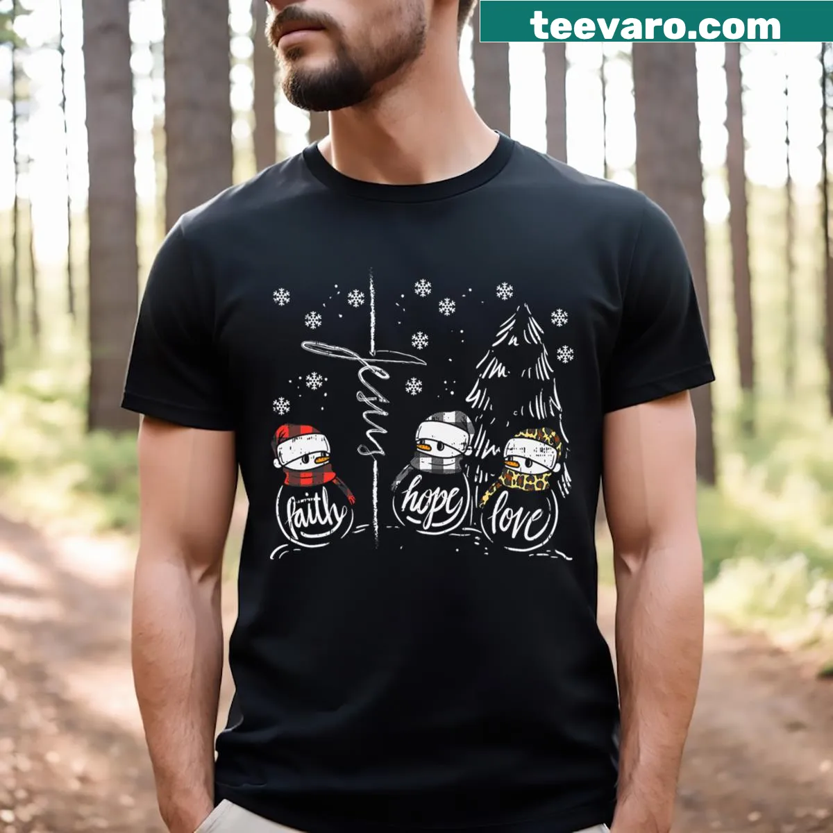 T-shirt featuring 'Faith Hope Love' with snowman design for Christmas — on a men's t-shirt