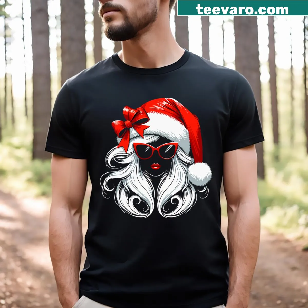 Santa hat and sunglasses graphic on a festive Christmas T-shirt — on a men's t-shirt
