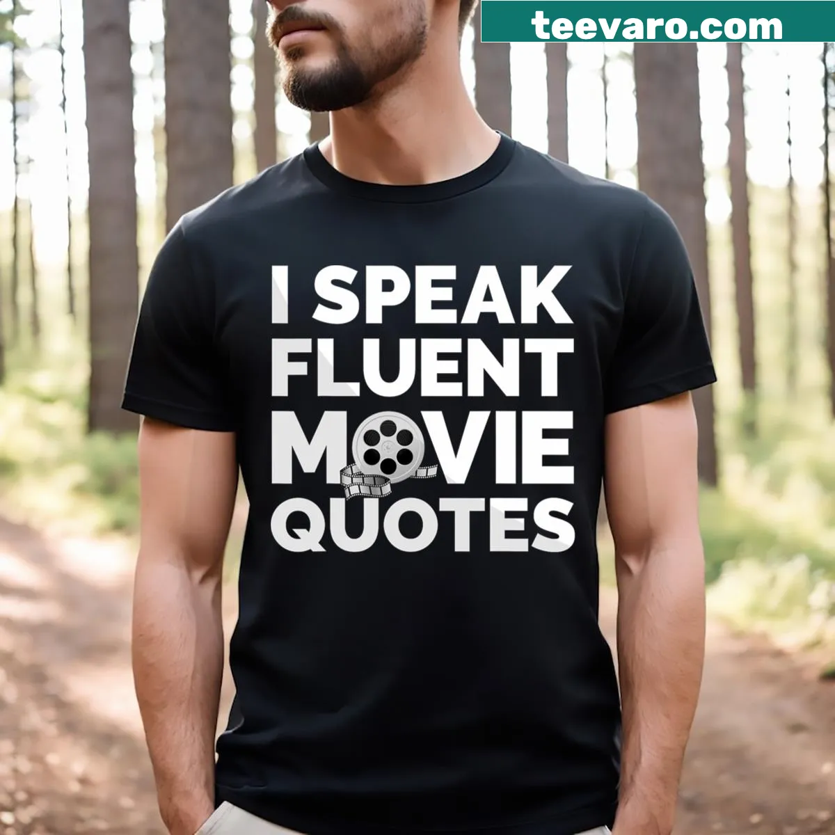 Funny t-shirt with 'I Speak Fluent Movie Quotes' for film lovers — on a men's t-shirt