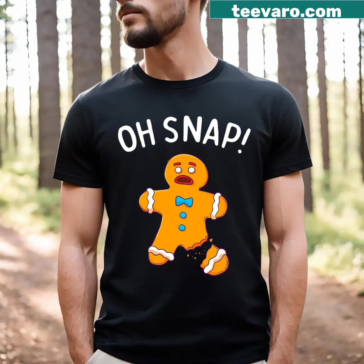 Funny gingerbread man graphic with the phrase 'Oh Snap!' — on a men's t-shirt