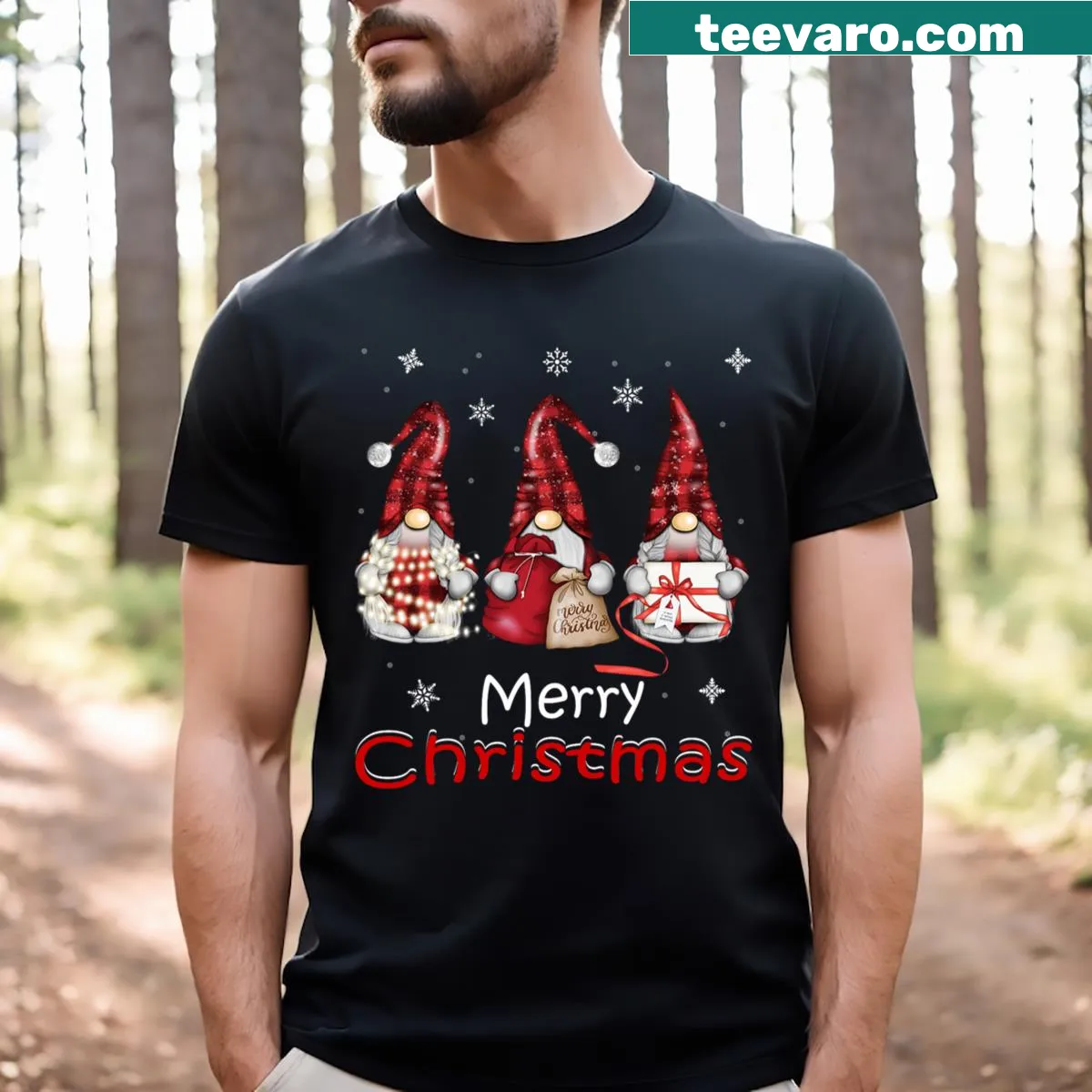 Gnome family graphic in buffalo plaid for Christmas t-shirt — on a men's t-shirt