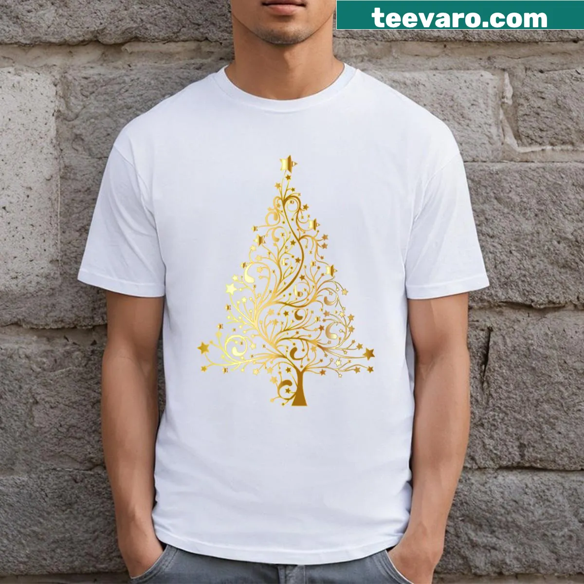 Christmas T-shirt featuring a golden Christmas tree design — on a men's t-shirt