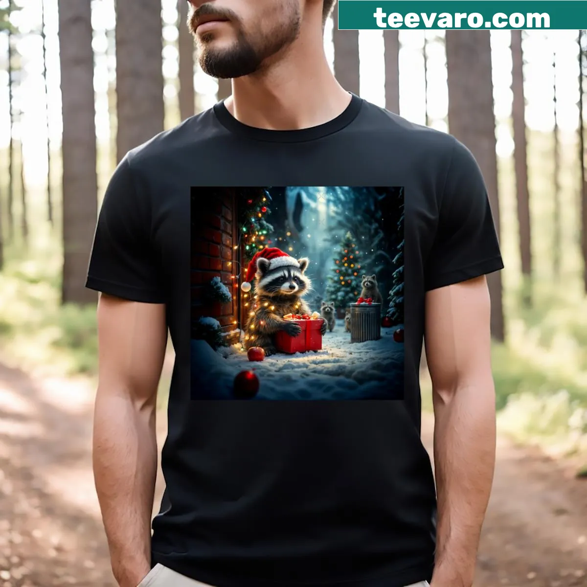 T-shirt with cheerful raccoons celebrating Christmas — on a men's t-shirt